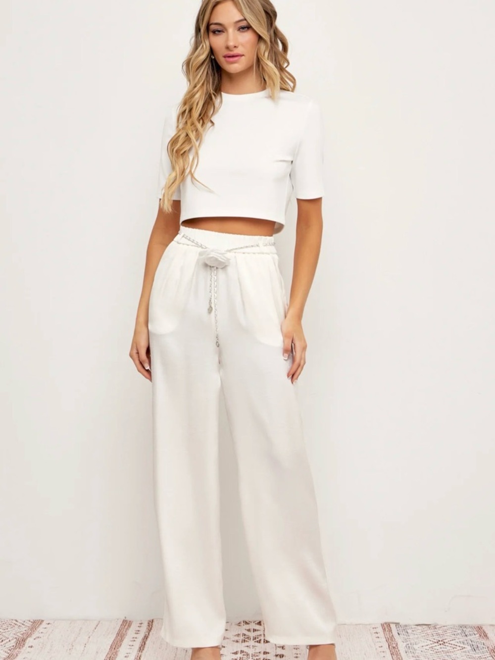 RIVIR Elevated Boutique Ivory Wide Leg Pants w/ Removable Rosette Chain Belt